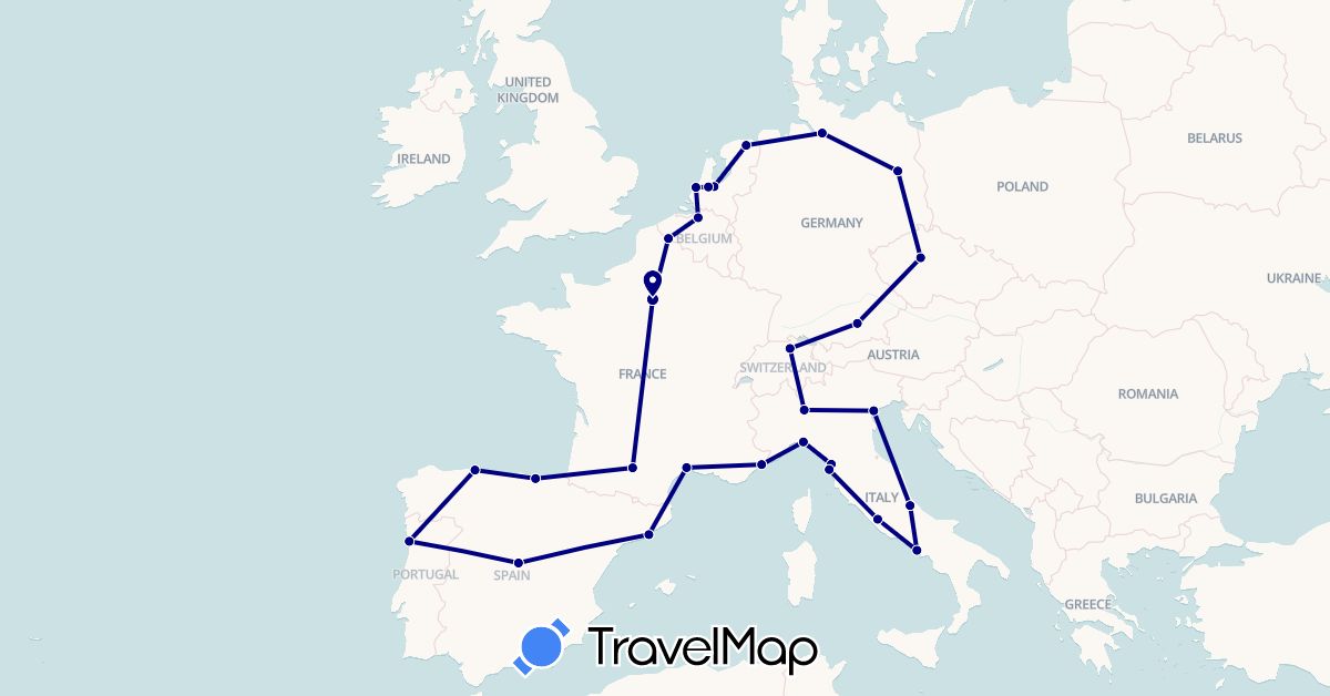 TravelMap itinerary: driving in Belgium, Switzerland, Czech Republic, Germany, Spain, France, Italy, Netherlands, Portugal (Europe)